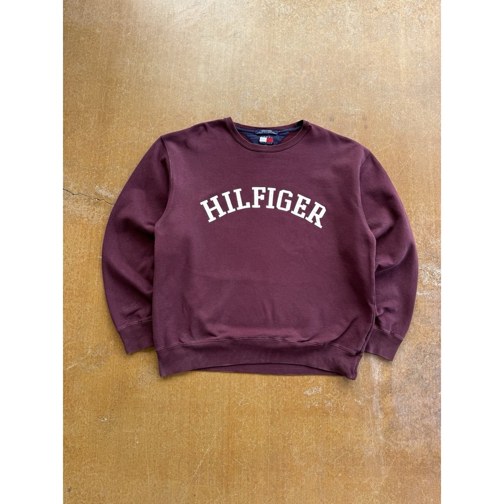 VTG 90s Tommy Hilfiger Spell Out Burgundy Cotton Preppy Style Crewneck (XL)